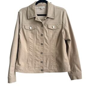 Dress Barn Size Med. Khaki Stretchy Denim Button Down  Cotton Blend Jacket